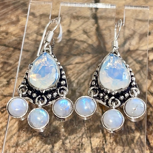 Rainbow Moonstone & Synthetic Opalite Earrings 1 1/2” - Picture 6 of 12